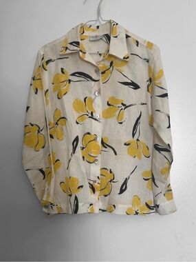Robert Kitchen Canada 100% Linen Yellow Floral Button Up Blouse Shirt Size Small